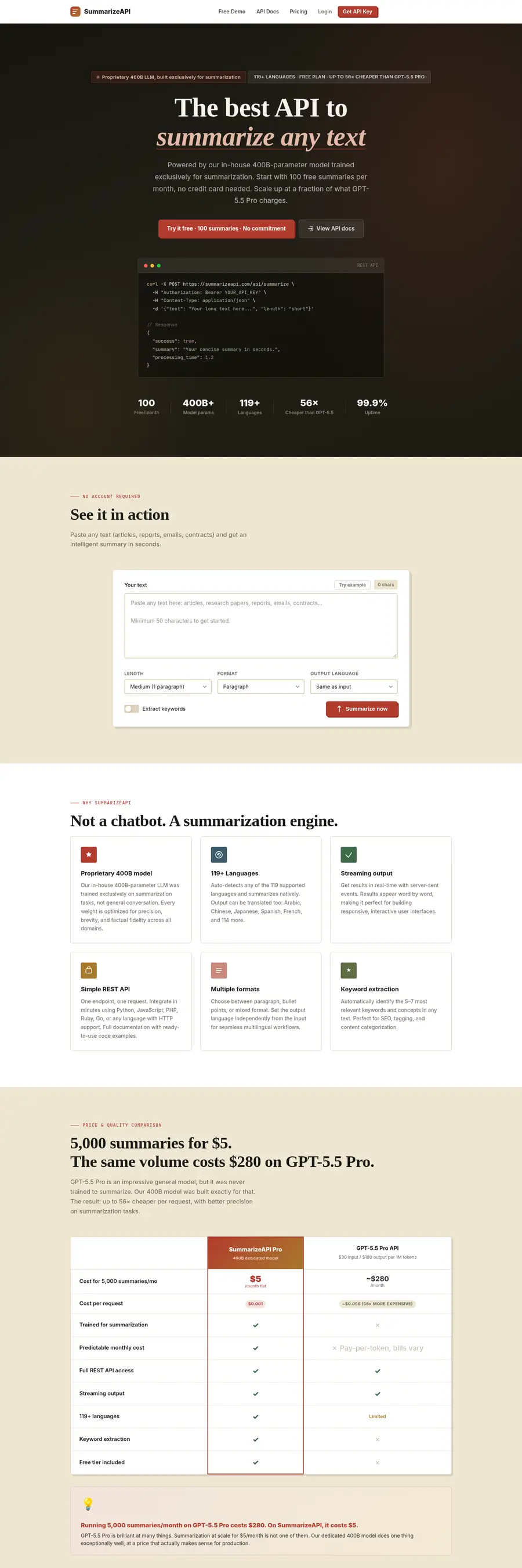 Capture du site SummarizeAPI.com